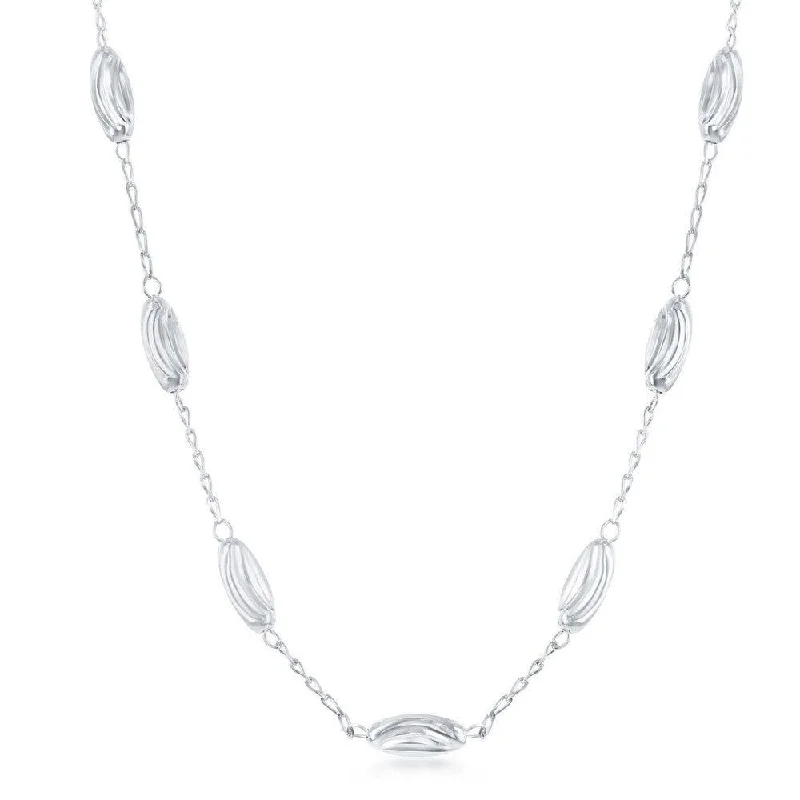 Sterling Silver Diamond Moon Cut Oval Bead Necklace