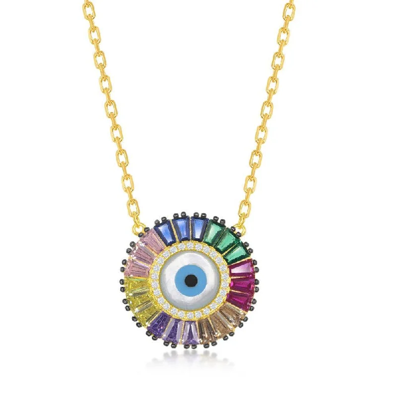 Sterling Silver GP Rainbow Baguette CZ Evil Eye Disc Necklace