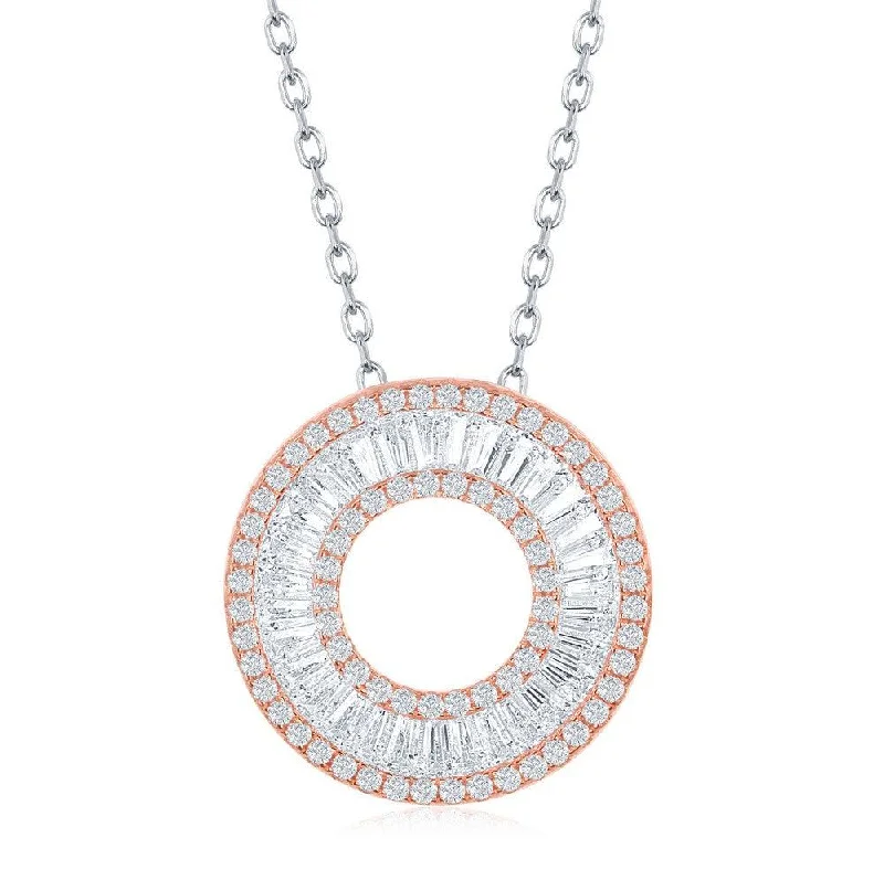 Sterling Silver Rose Gold Plated Baguette CZ Open Circle Necklace