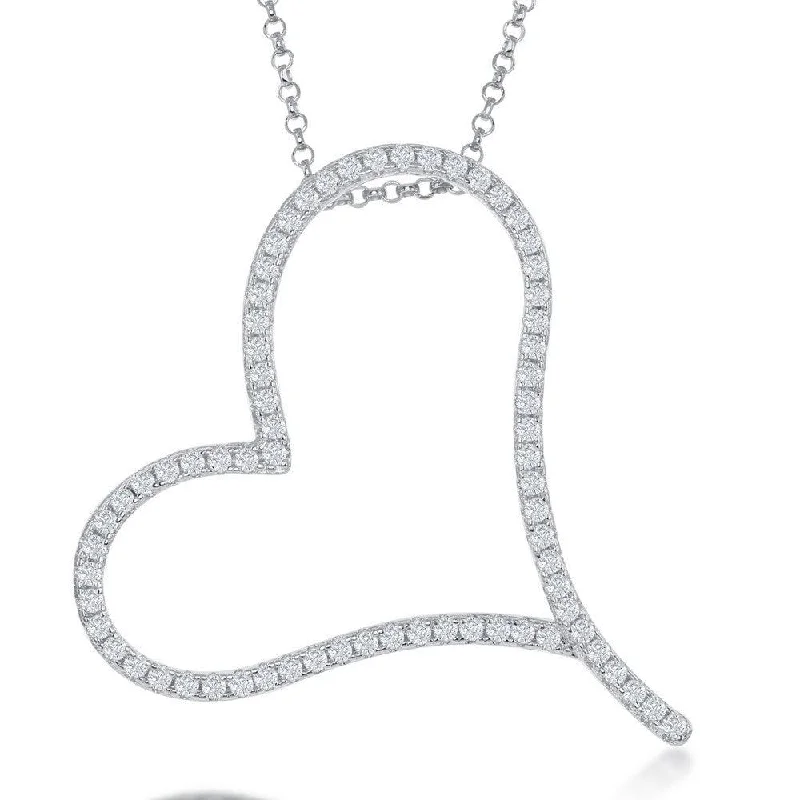 Sterling Silver Large Micro Pave Open Heart CZ Necklace