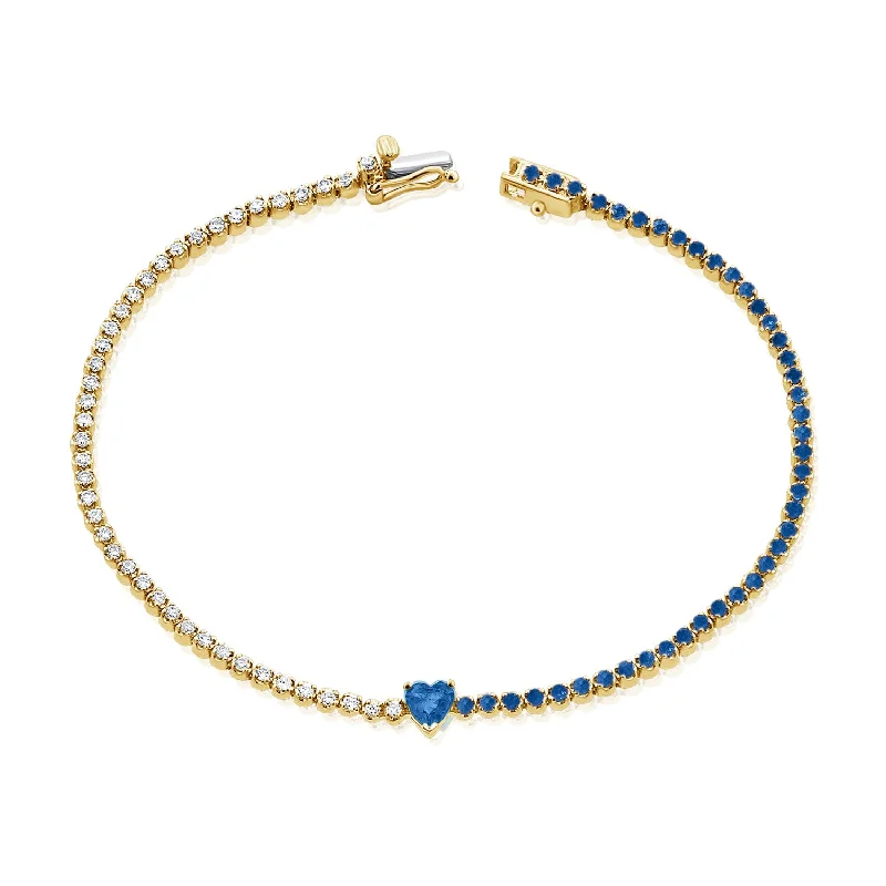 Beautiful Silver Chain Bracelets-Luxurious 14K Gold Sapphire Heart and Diamond Tennis Bracelet