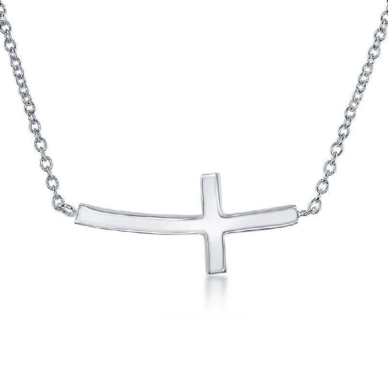 Sterling Silver Rhodium Plated Curved Sideways Cross Necklace