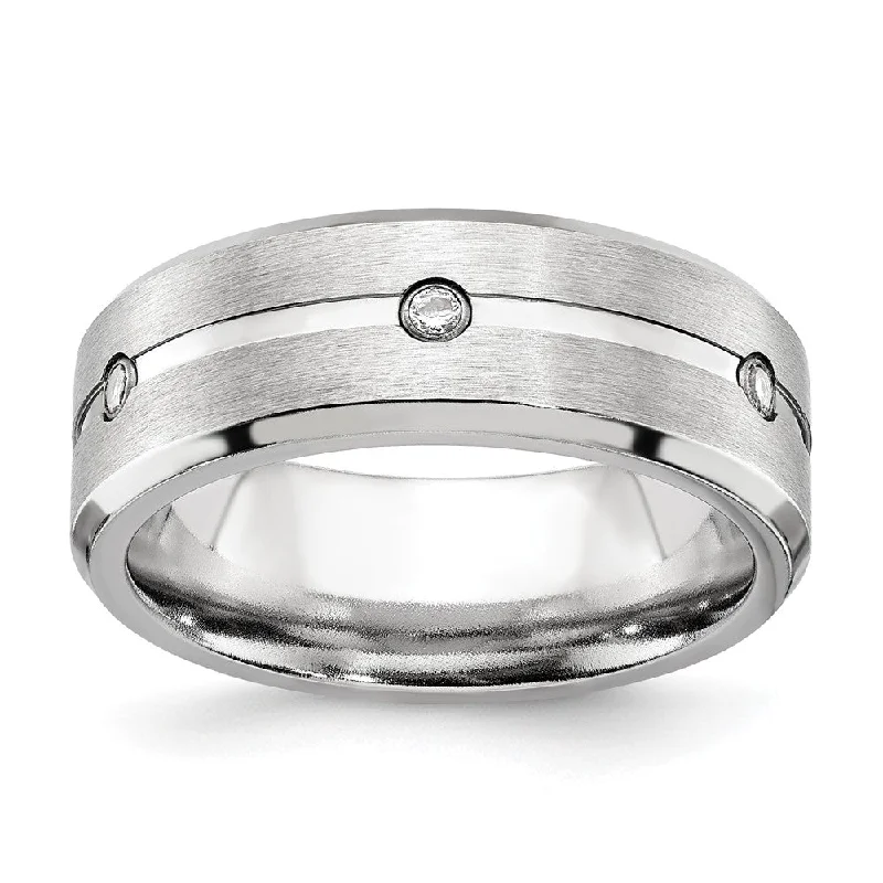 Unique Diamond Wedding Bands-8mm Cobalt & CZ Grooved & Beveled Edge Standard Fit Band