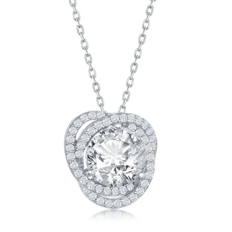 Sterling Silver Round Cubic Zirconia Flower Design Necklace