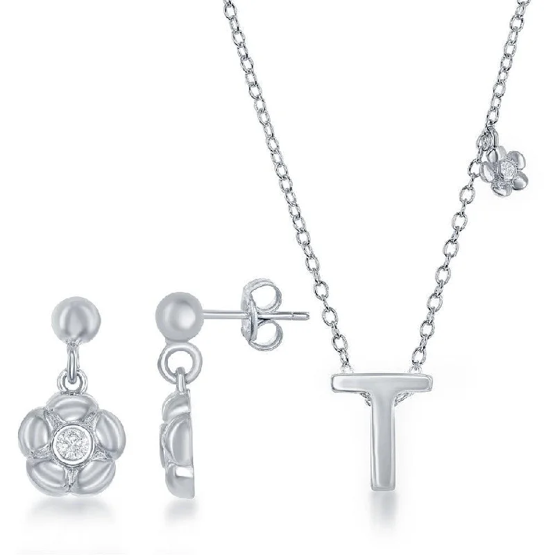 Sterling Silver Shiny "T" Necklace and Earrings Set