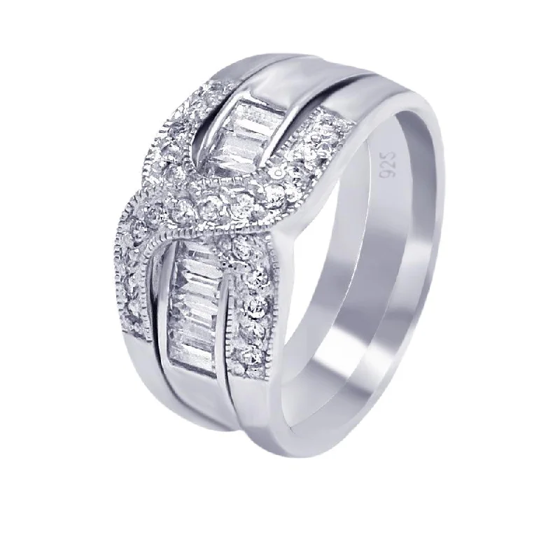 Modern Gold Rings-Silver 925 Rhodium Plated Clear Baguette CZ Overlap Ring - AAR0006