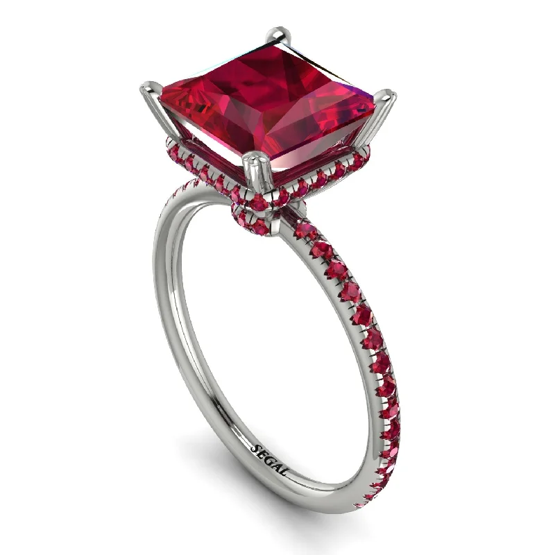 Trendy Wedding Bands-Trendy Hidden Halo Ruby Princess Cut Engagement Ring - Daria No. 57