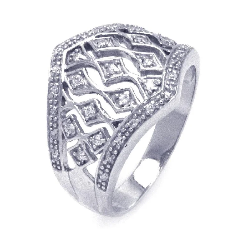 Custom Name Rings-Silver 925 Rhodium Plated CZ Cigar Band Dome Ring - STR00784