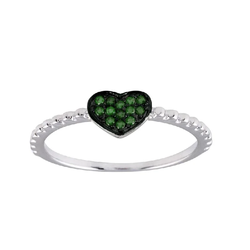 Simple Diamond Wedding Bands-Rhodium Plated 925 Sterling Silver Beaded Heart Green CZ Ring - BGR01245GRN