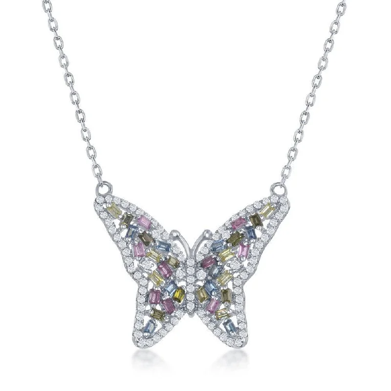 Sterling Silver Baguette Pink; Blue & Golden CZ Butterfly Necklace