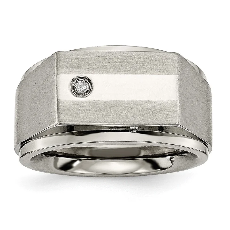 Personalized Name Rings-Men's 9mm Titanium 1/20ct Diamond Signet Ridge Edge Tapered Fit Band