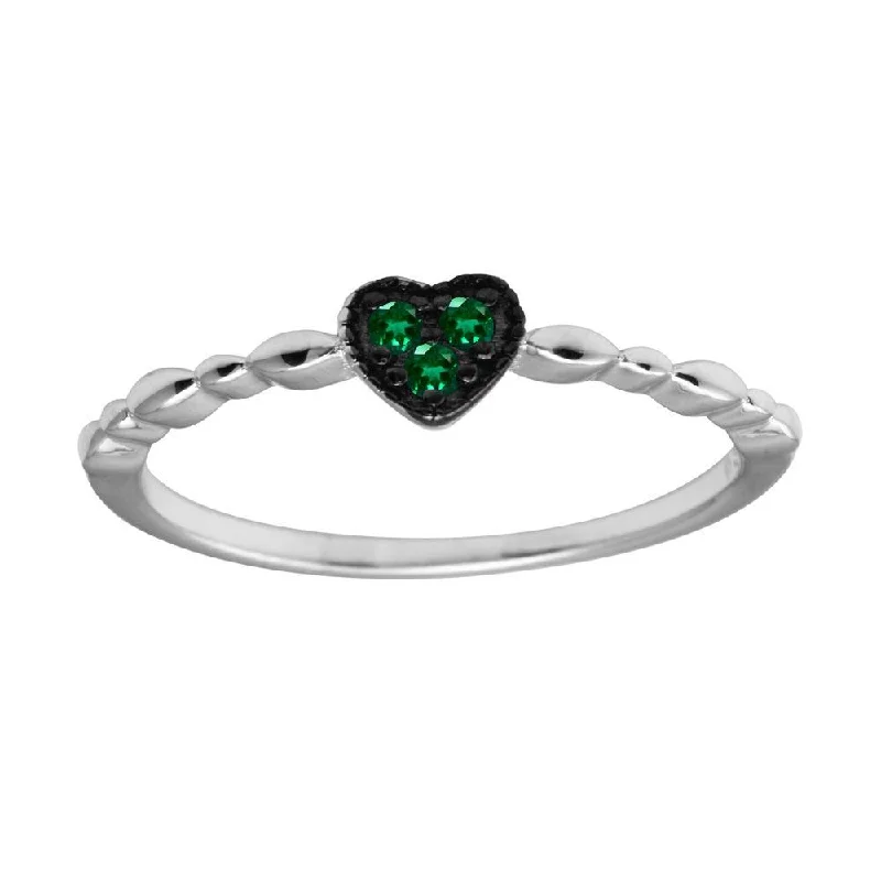 Simple Solitaire Rings-Rhodium Plated 925 Sterling Silver Heart 3 Green CZ Ring - BGR01227GRN