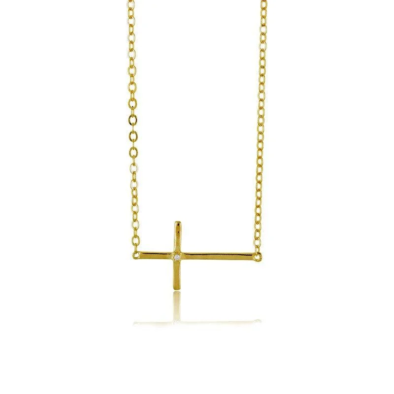 Sterling Silver Gold Sideways Cross CZ Necklace