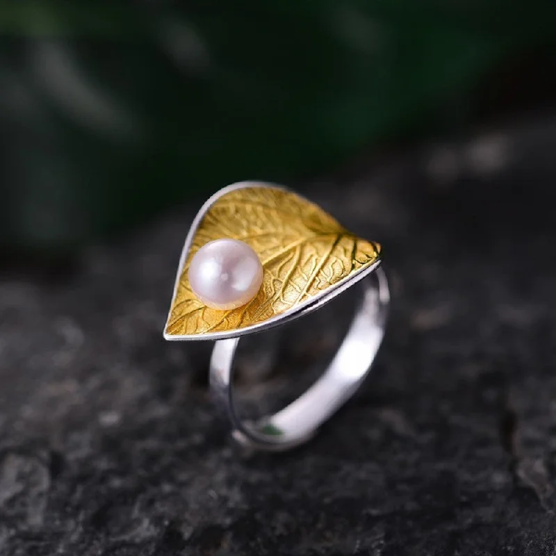 Handcrafted Engagement Rings-Sterling Silver Leaf Pearl Ring