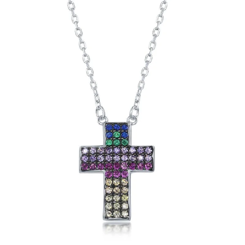 Sterling Silver Rainbow Cubic Zirconia Cross Necklace