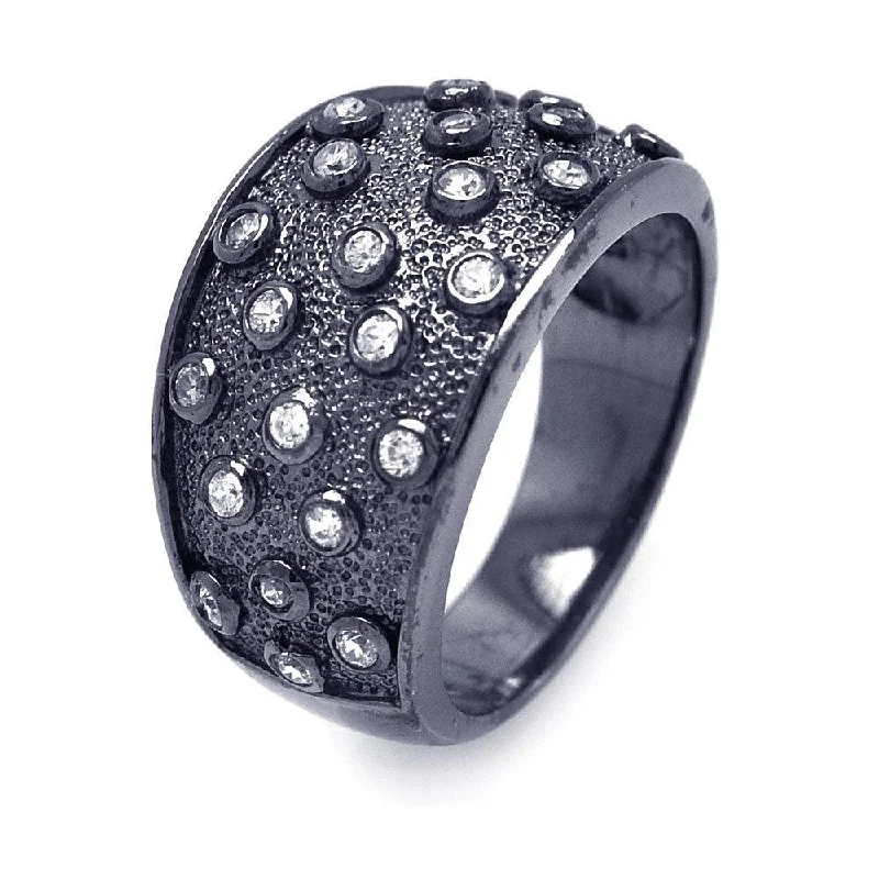 Unique Wedding Bands-Silver 925 Black Rhodium Plated CZ Textured Cigar Band Ring - STR00825