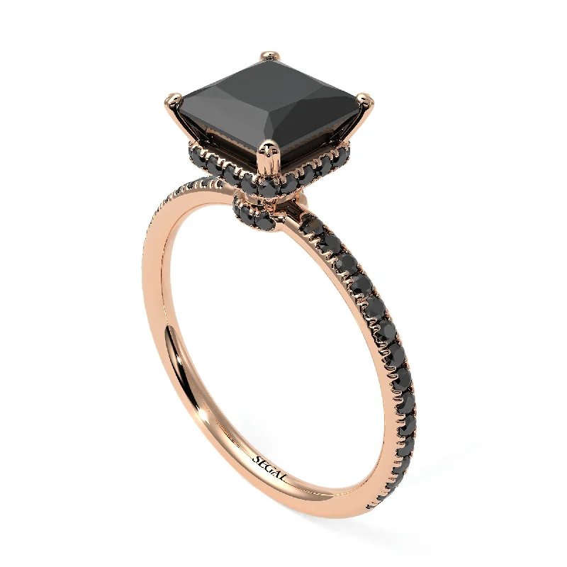 Vintage Style Rings-Trendy Hidden Halo Black Diamond Princess Cut Engagement Ring - Daria No. 38