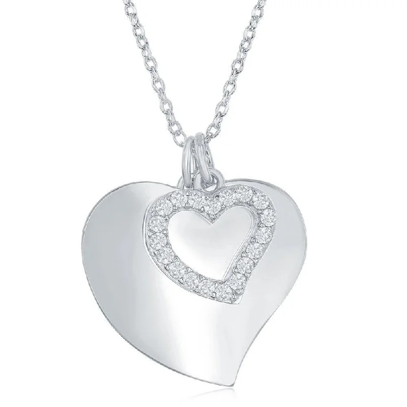 Sterling Silver Shiny Heart with Open CZ Heart Necklace