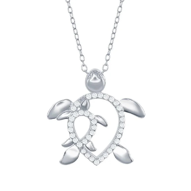 Sterling Silver Open CZ Turtle with Baby CZ Turtle Necklace