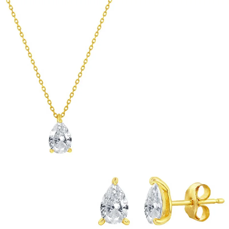 Classic Women's Necklace and Earrings Set - Gold Solitaire Pearshape CZ | SET-614