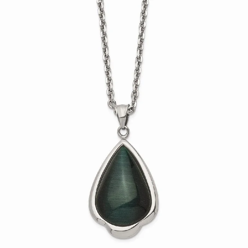 Stainless Steel Synthetic Green Cats Eye Teardrop 20in Necklace