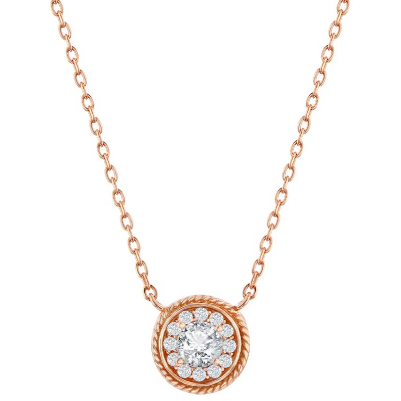 Classic Women's Necklace - Rose Gold Plated Round CZ Rope Design Border | M-7086-RG