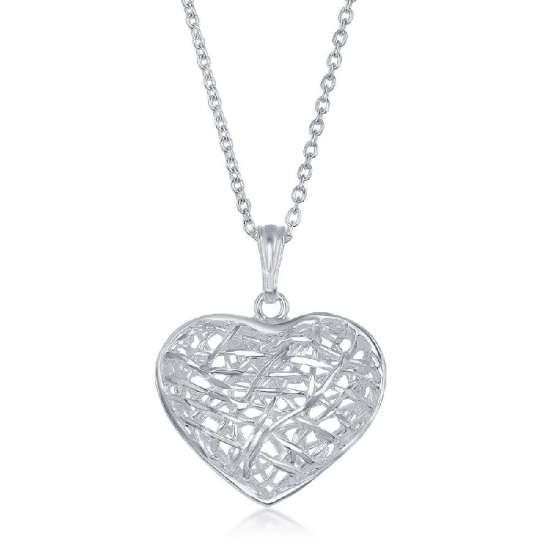 Sterling Silver 17 Inch Open Diamond Cut Heart Necklace