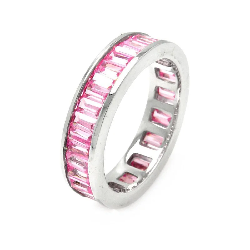 Custom Gemstone Wedding Bands-Silver 925 Rhodium Plated Channel Set Pink Baguette CZ Stackable Eternity Ring - STR00124PNK