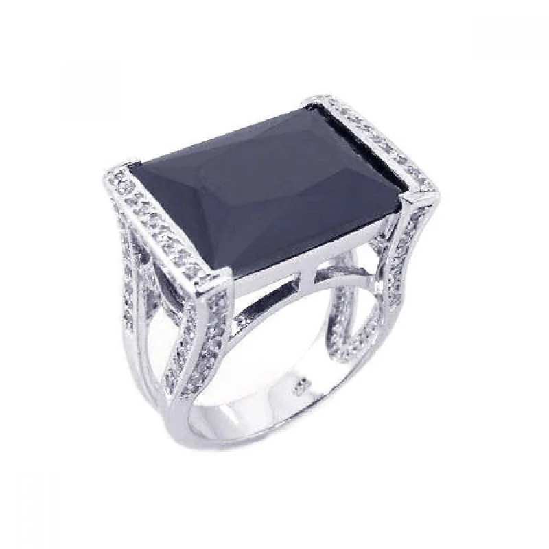 Women’s Engagement Rings-Silver 925 Rhodium Plated Black Onyx Clear CZ Square Ring - BGR00134