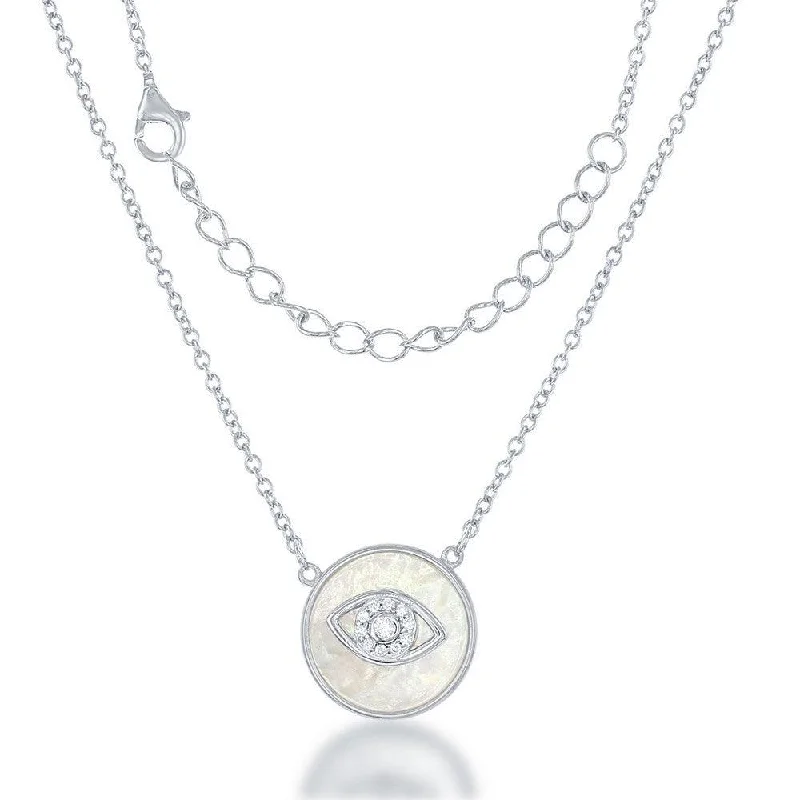 Sterling Silver Round MOP CZ Evil Eye Necklace