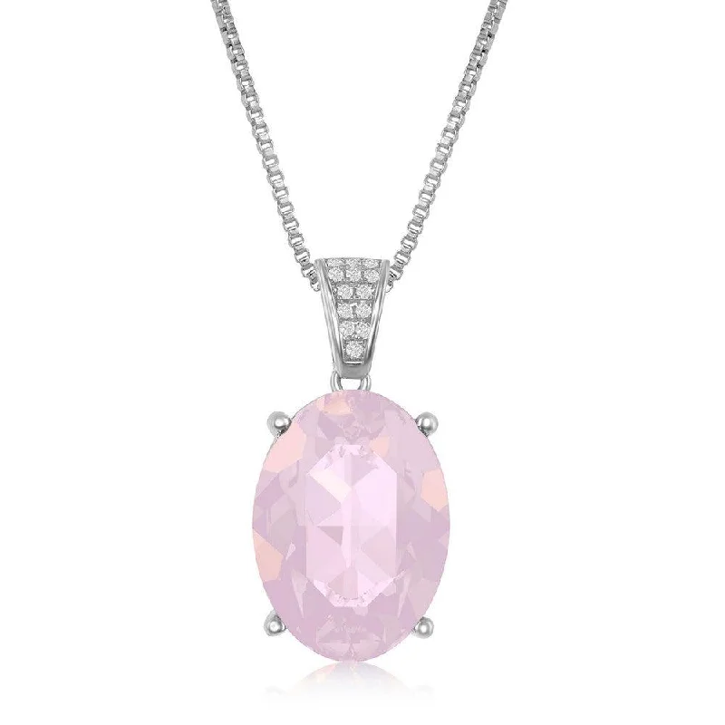 Sterling Silver CZ Bale and 14x10mm Oval - Pink Opal Swarovski Element Necklace