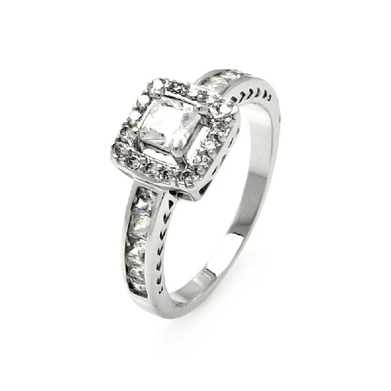 Simple Engagement Rings-Silver 925 Rhodium Plated Clear Channel Set Princess Cut CZ Square Ring - BGR00463