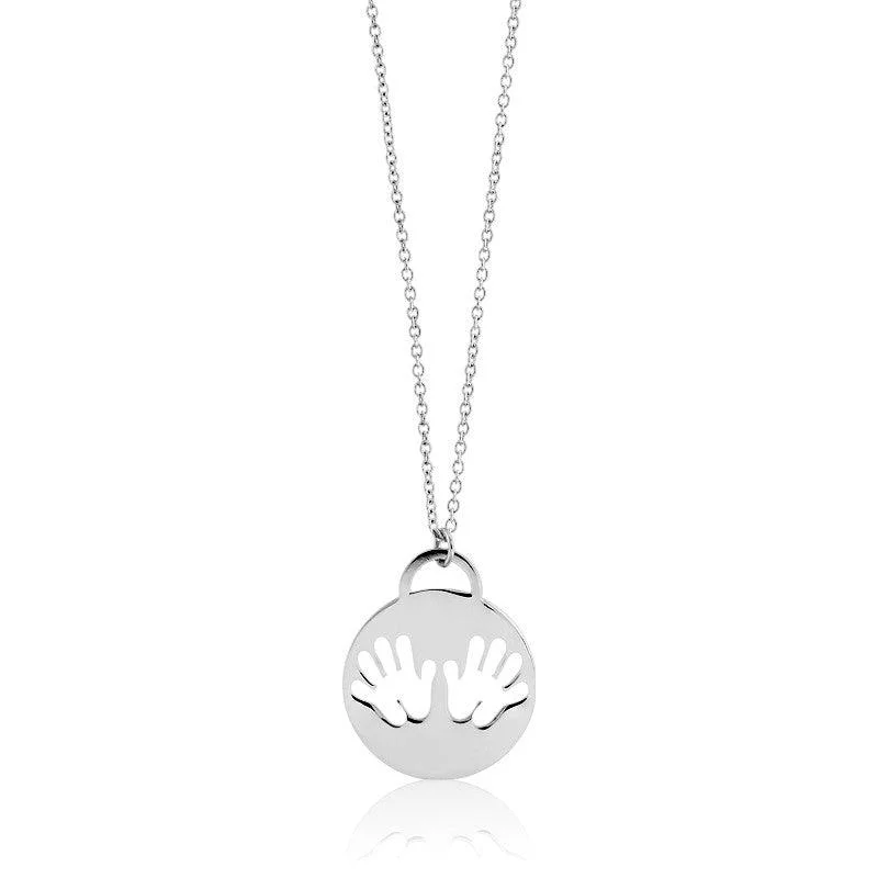 Sterling Silver Shiny Disc with Handprints Necklace