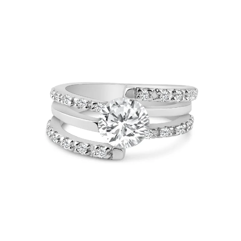 Gemstone Engagement Rings-Silver 925 Rhodium Plated Clear Round Center CZ Intertwining Ring - AAR0066