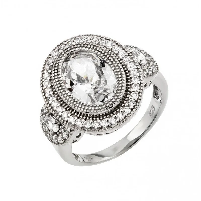 Simple Silver Rings-Silver 925 Rhodium Plated Micro Pave Set CZ Antique Oval Ring - GMR00011