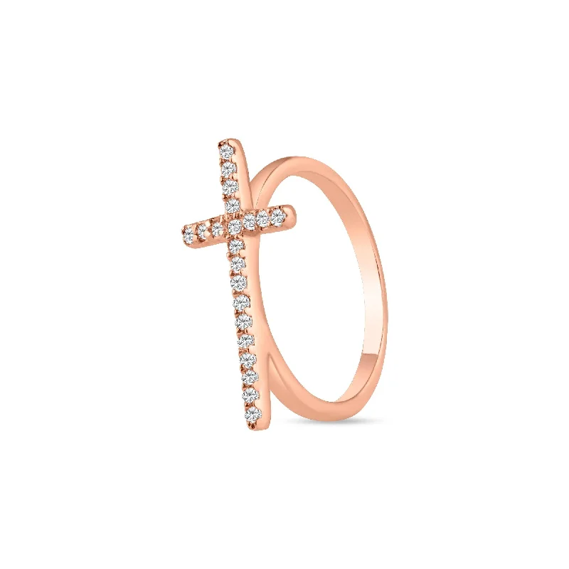 High-Quality Wedding Bands-Silver 925 Rose Gold Plated Clear CZ Cross Ring - BGR00810RGP