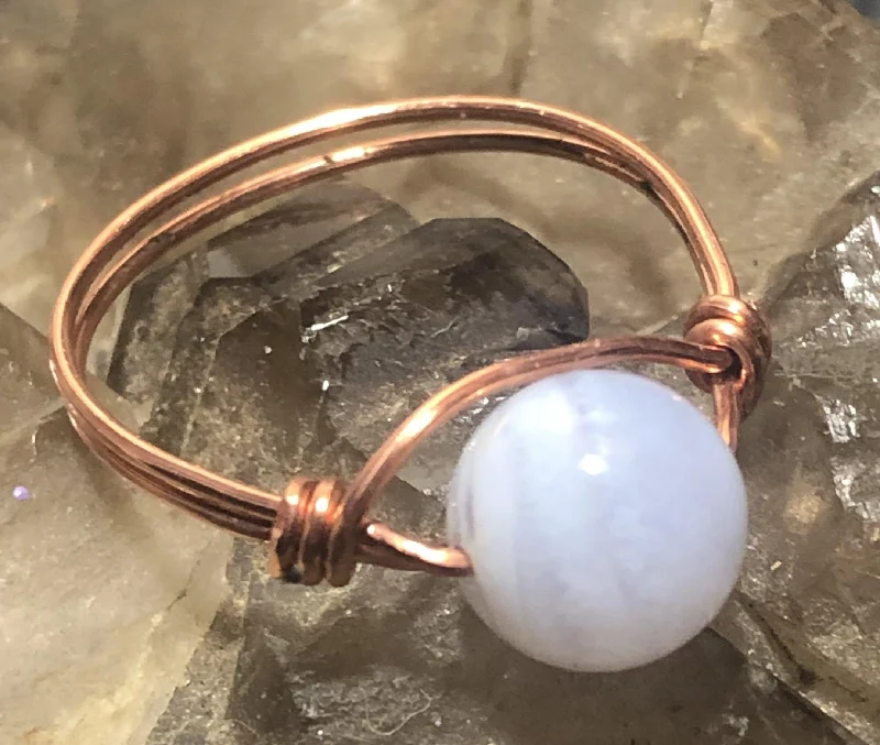 Luxury Gold Rings-Blue Lace Agate Copper Bead Ring