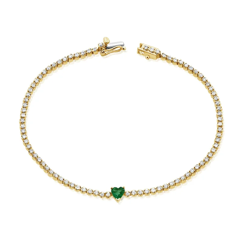 Handmade Silver Bracelets-Elegant 14K Gold Heart Emerald and Diamond Tennis Bracelet