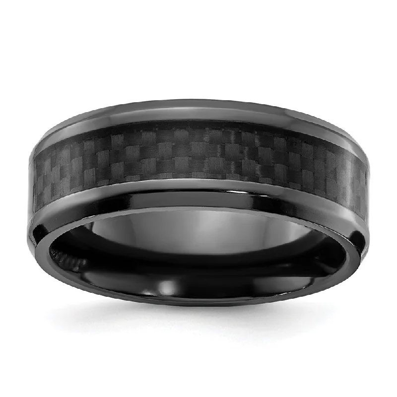 Bridal Diamond Rings-8mm Black Zirconium & Black Carbon Fiber Beveled Standard Fit Band