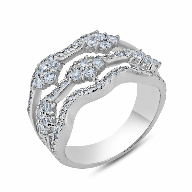 Stylish Wedding Rings-Silver 925 Rhodium Plated Clear CZ Wave Ring - BGR00247