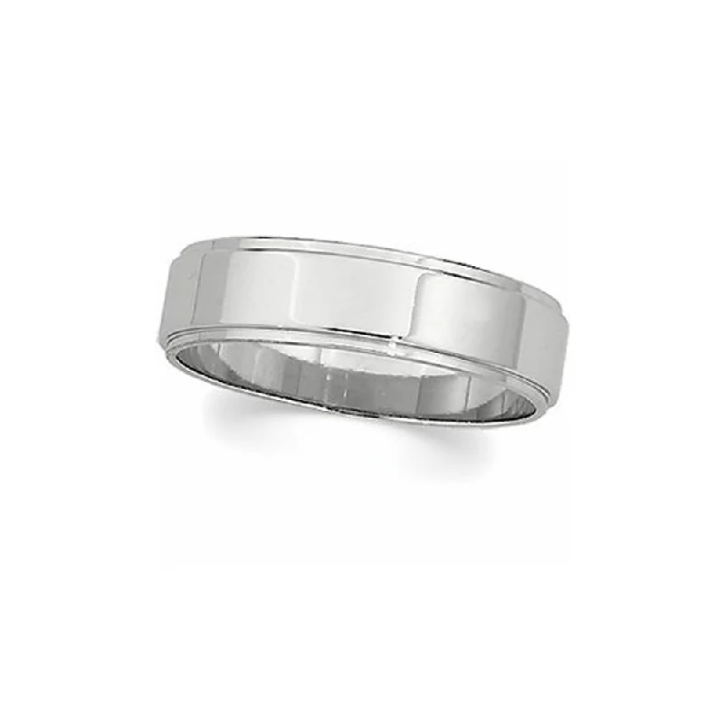 Beautiful Custom Rings-6mm Flat Ridged Edge Wedding Band in 14k White Gold