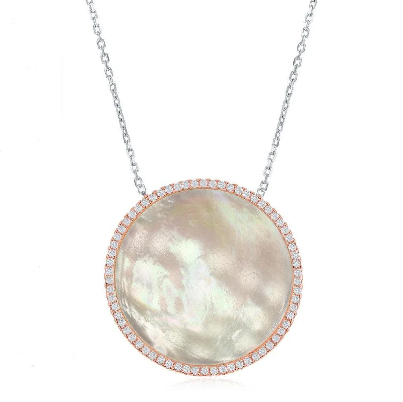 Sterling Silver Mother of Pearl Disc with CZ Border Necklace