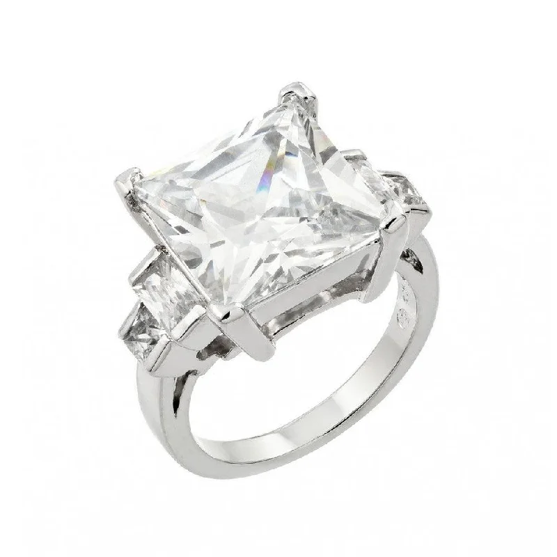 Gold and Silver Rings-Silver 925 Rhodium Plated Large Clear Square CZ Ring - BGR00847