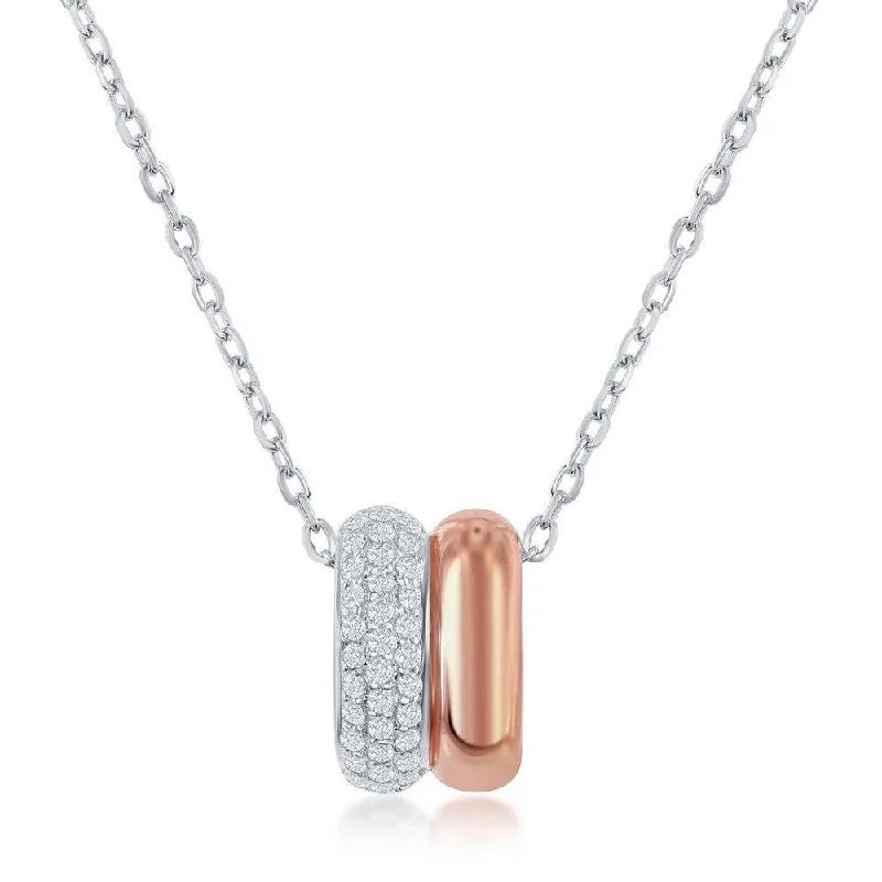 Sterling Silver Two Tone Rose GP Micro Pave Double Oval Necklace