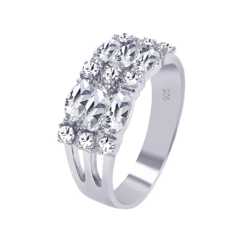 Stylish Adjustable Rings-Silver 925 Rhodium Plated Round Marquise CZ 3 Row Ring - AAR0018