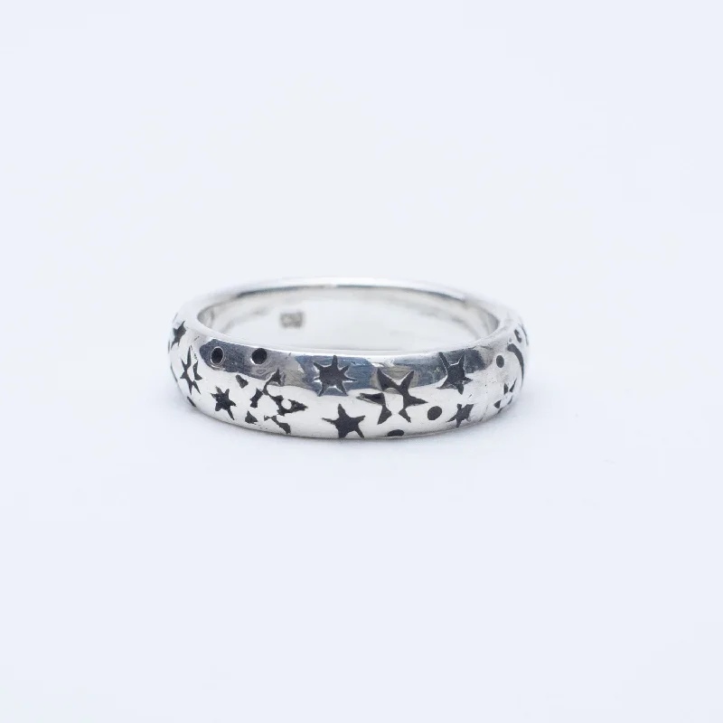 Beautiful Wedding Rings-Silver Stamped Star & Moon Band