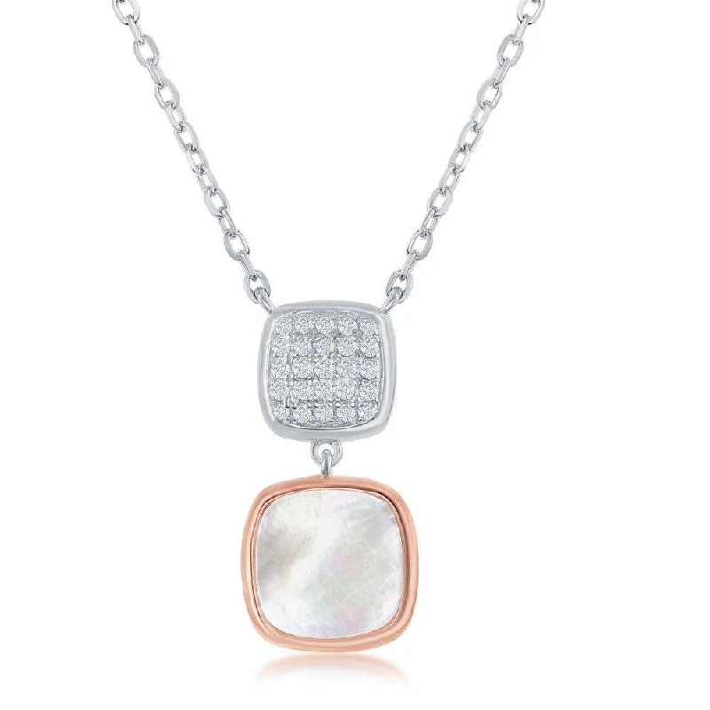 Sterling Silver TT Micro Pave and MOP Double Square Necklace