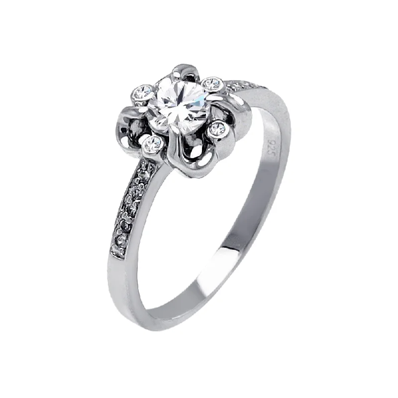 Men’s Wedding Bands-Silver 925 Rhodium Plated Round Clear Center CZ Flower Ring - BGR00478