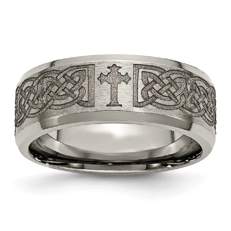 Stylish Gemstone Rings-8mm Titanium Lasered Celtic Cross Beveled Edge Standard Fit Band