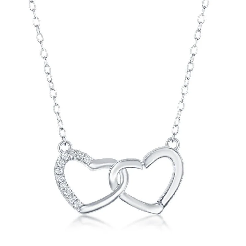 Sterling Silver Interlocking Half Cubic Zirconia Heart Necklace